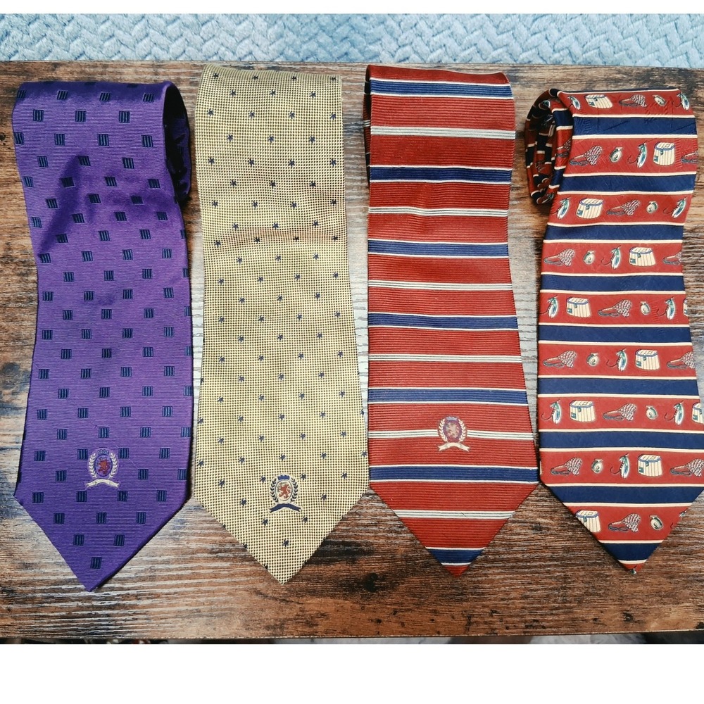 Tommy Hilfiger Silk Tie Bundle 4pc Lot Purple Yellow Red Navy Striped Fishing